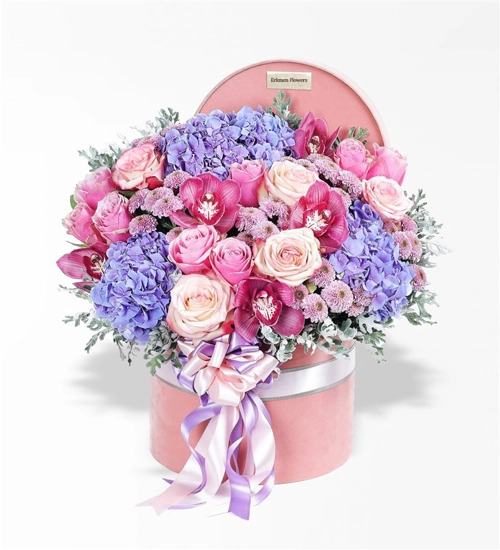 Pinky Grande In Box - Pembe Kadife Kutuda Ortanca, Güller ve Cymbidium Orkideler